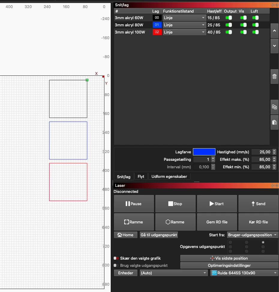 Indstillingsoversigt til CO2 laserskæring i akryl — hastighed og effekt