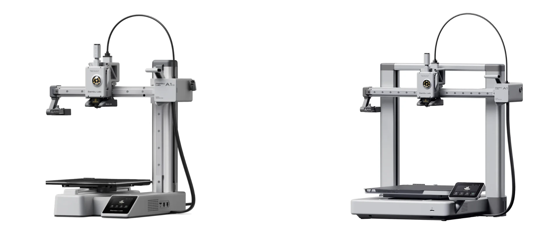 Bambu Lab A1 og A1 Mini side om side — størrelsessammenligning