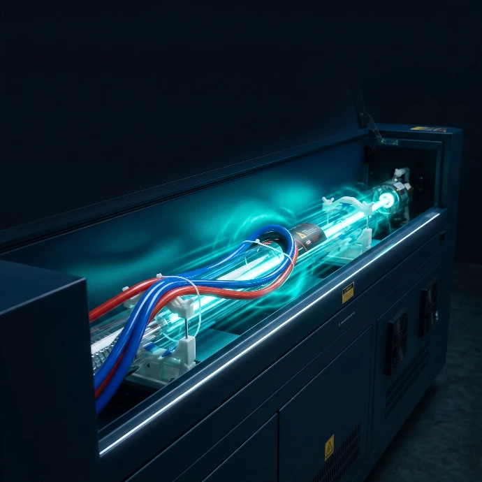 100 W RECI CO2-laserrør i Thor 100 laserskærer med kølesystem og blå/rød væskeslanger