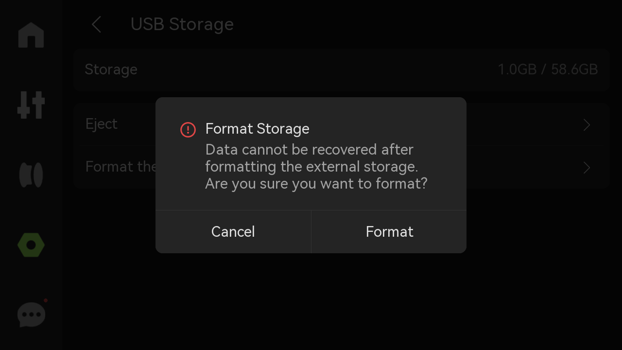 Bekræftelse af formatering af USB-drev på H2D-skærmen