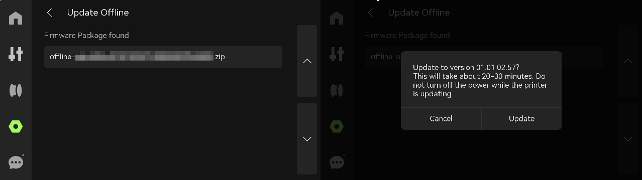Valg af firmware-version til offline opdatering på H2D