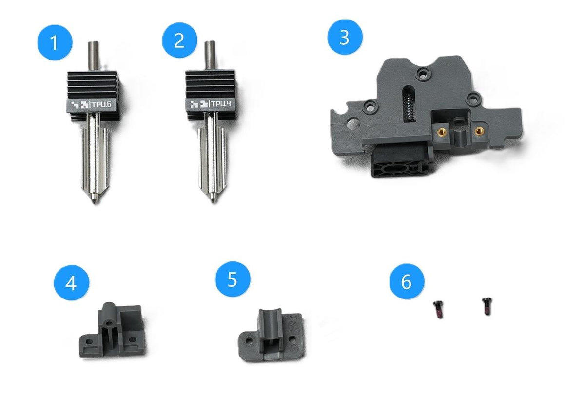 Indhold i H2D TPU High Flow Kit med hotends, covers og skruer