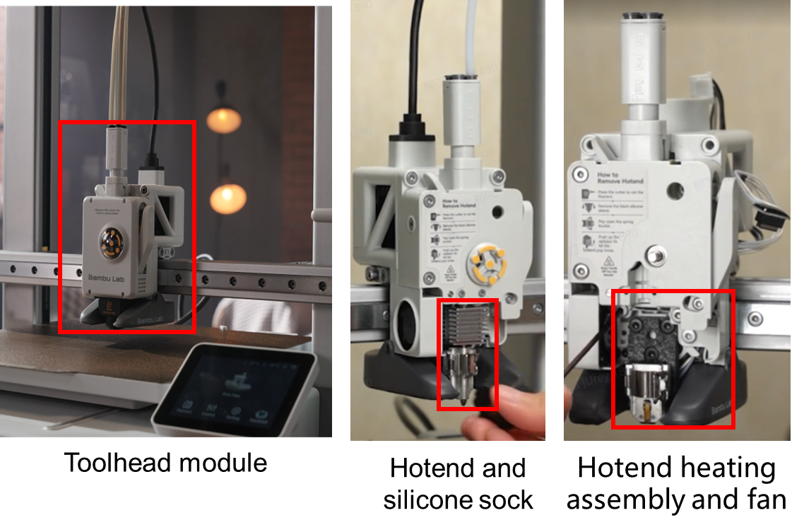 A1's toolhead-modul med hotend, ekstruder og filament-hub