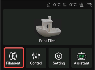 Filament-knappen vælges på printerens skærm