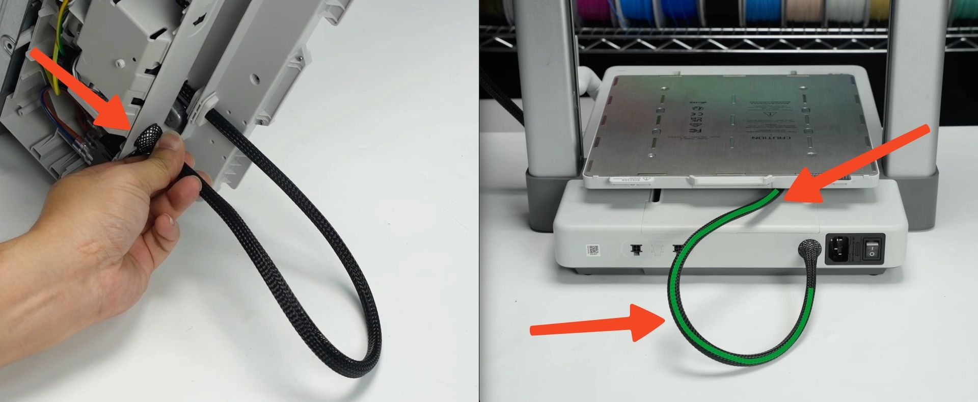 Varmepladens kabel placeret korrekt på linje med printerens midte
