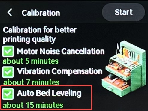 Auto Bed Leveling på kalibreringssiden for A1
