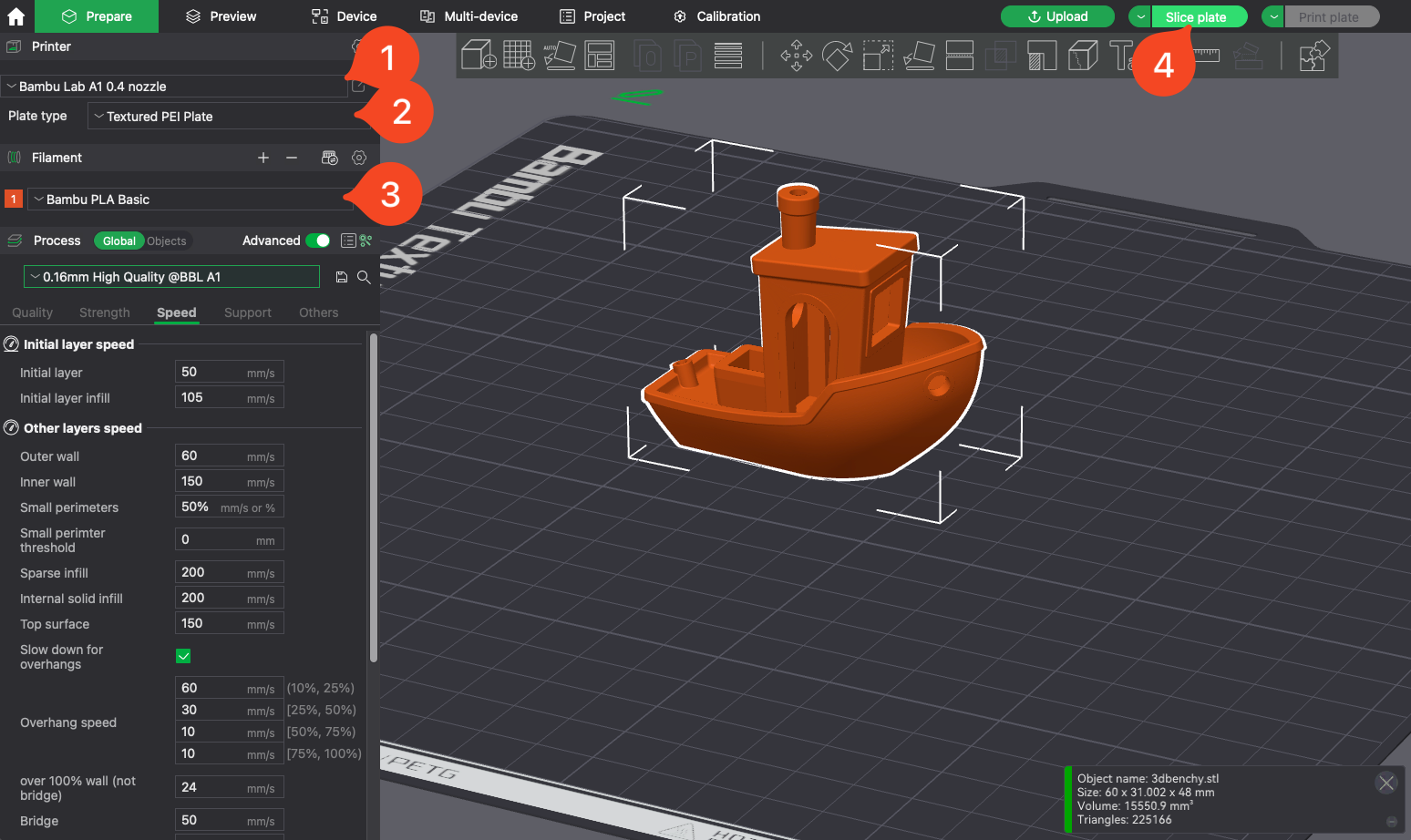 Bambu Studio med valg af printertype, pladetype og filament samt knappen Slice plade