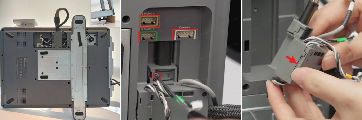Kamera-, X-motor- og Z-motorkabler frakobles i kabelboksen på bunden af A1