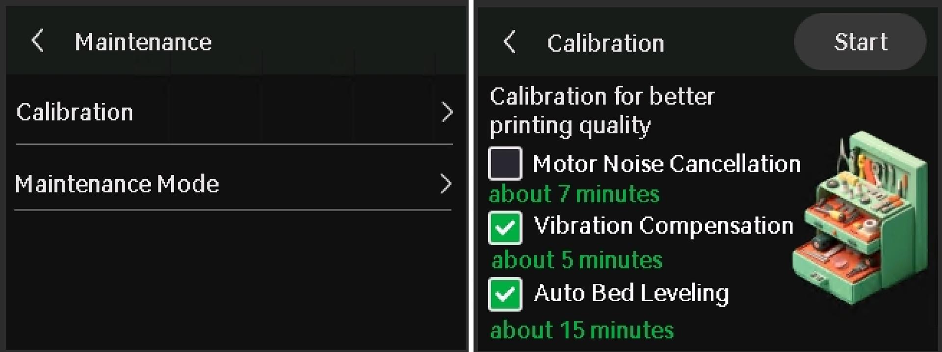 Kalibreringsmenu med vibrationskompensation og automatisk bednivellering valgt på A1