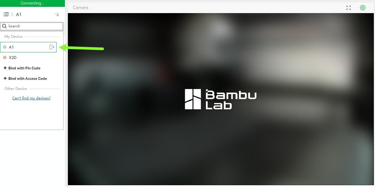 Bambu Studio viser om A1 er online og forbundet til kontoen