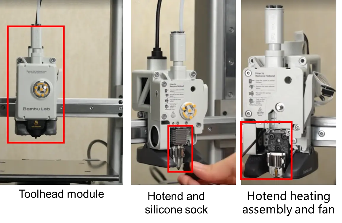 Værktøjshovedmodulet på A1 mini med hotend, ekstruder og filamentsensor