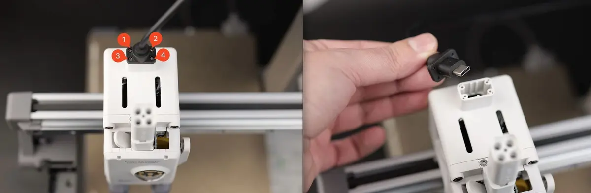 Fjernelse af de fire skruer der holder USB C-kablet på A1 mini værktøjshovedet