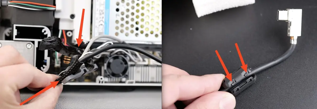 Fjernelse af tape, grå plastklips og ferritkerne fra USB C-kablet