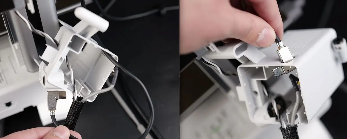 USB C-kablet føres gennem netstrømpen og ud gennem hullet i motorhuset