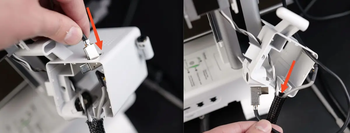 USB C-kablet føres gennem motorhusets åbning og ind i netstrømpen