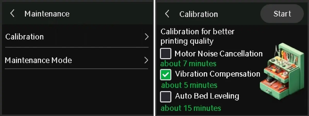 Vælg vibrationskompensation på kalibreringsskærmen på A1 mini