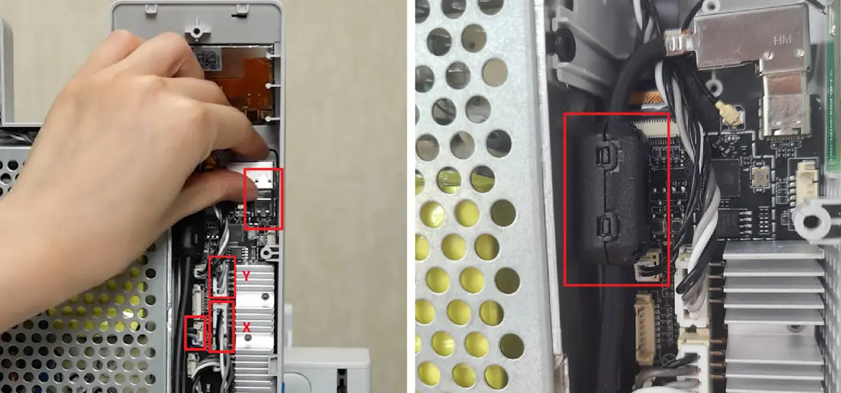 Y-motor-, X-motor- og kamerakabel tilsluttes bundkortet
