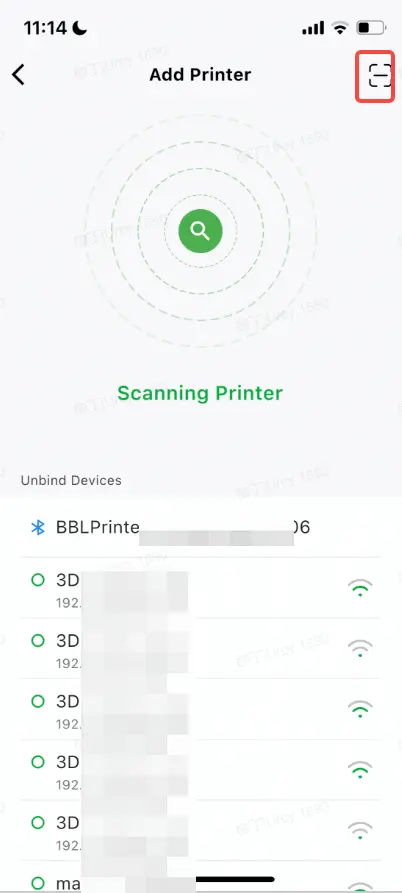 Skærmbillede hvor printeren scannes i appen