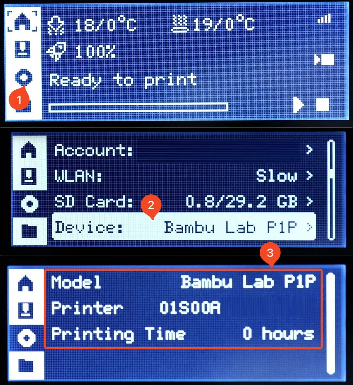 Nyt serienummer vist på P1-printerens skærm under Settings og Device