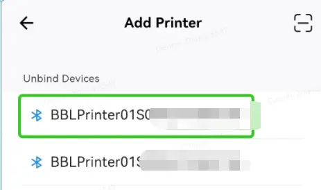 Liste over fundne printere i Bambu Handy med serienumre