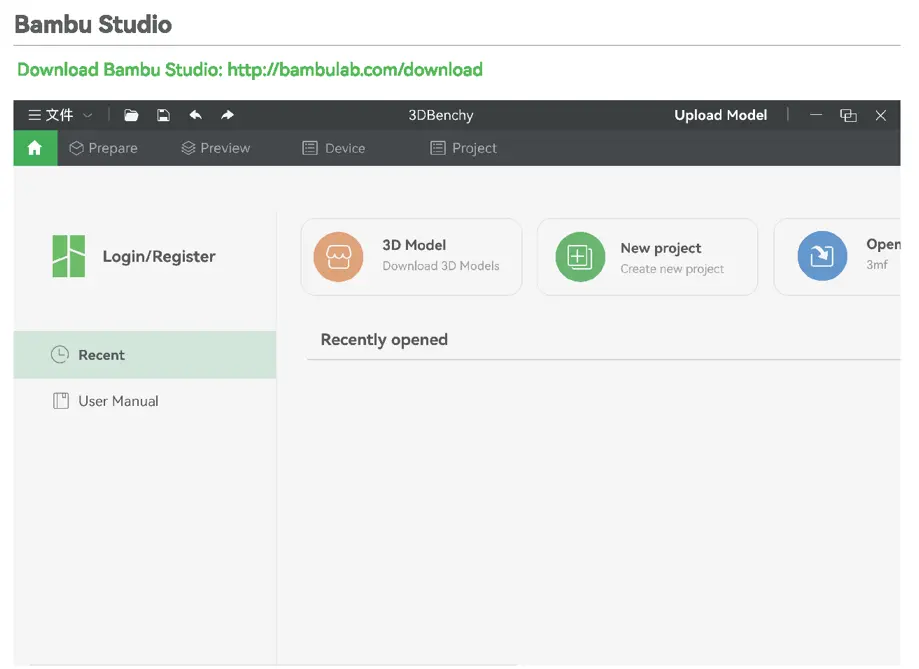 Opret eller åbn et projekt i Bambu Studio
