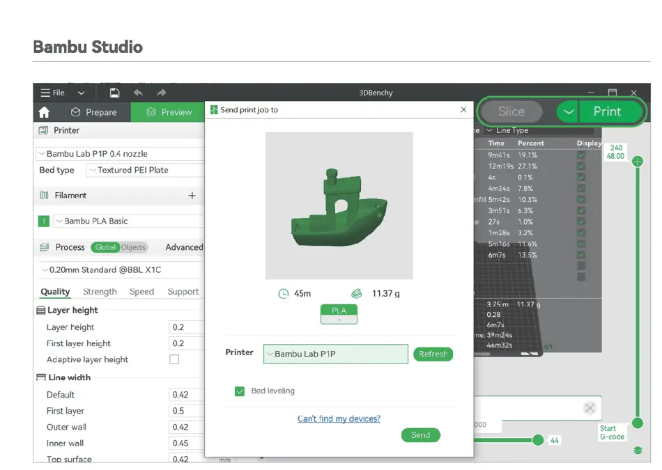 Slice modellen og send den til printeren i Bambu Studio
