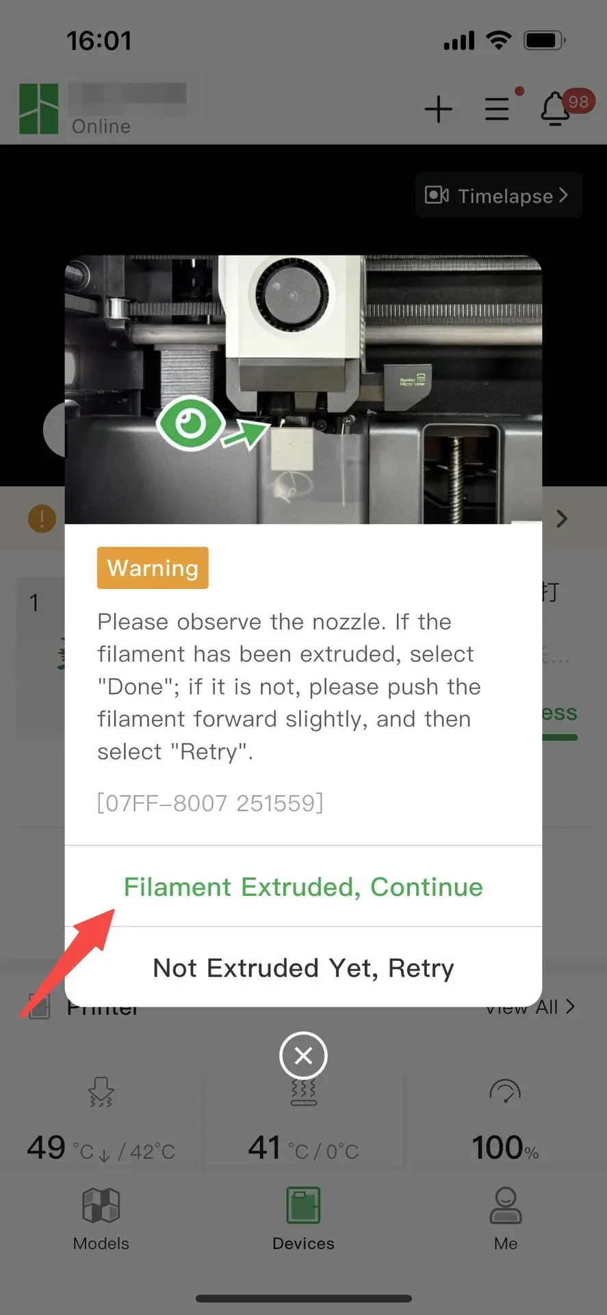 Klik Filament Extruded Continue i Bambu Handy