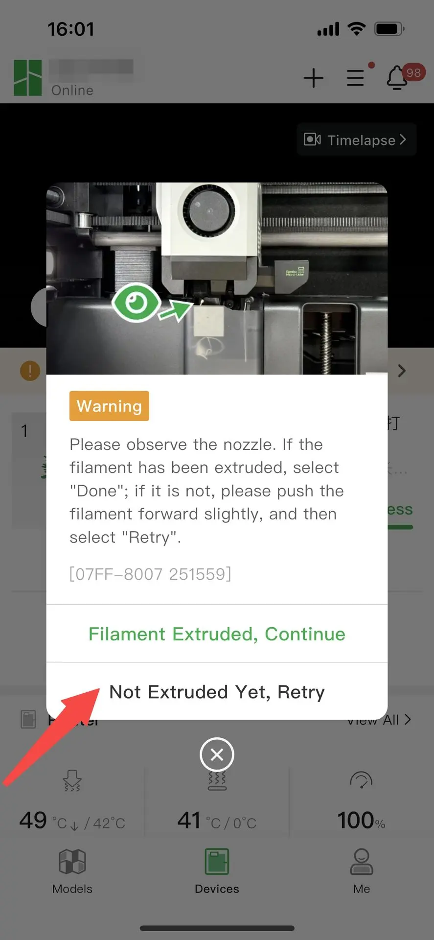 Klik Not Extruded Yet Retry i Bambu Handy