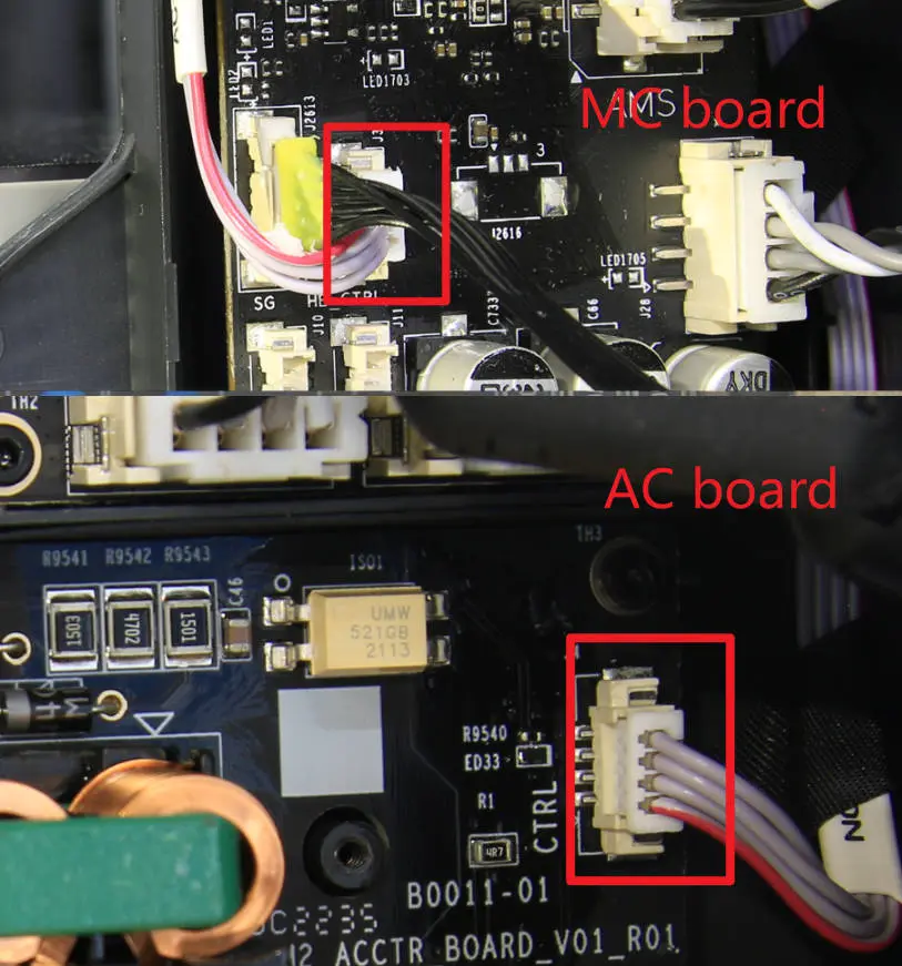 Forbindelsen mellem MC-board og AC-strømboard kontrolleres