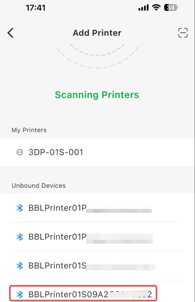 Vælg den fundne P1-printer i Handy-appen for at binde den