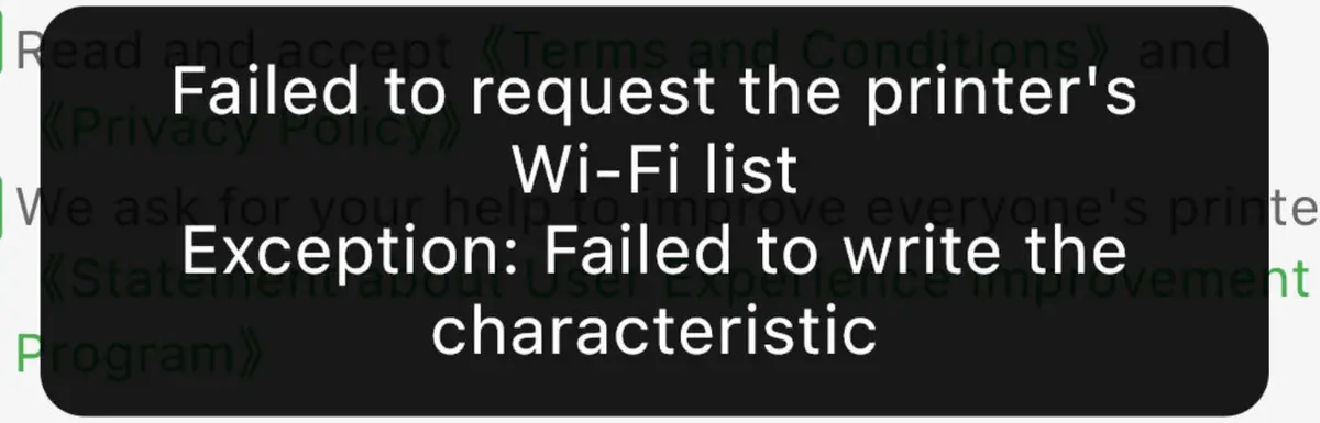 Fejlbesked om at printerens WiFi-liste ikke kunne hentes