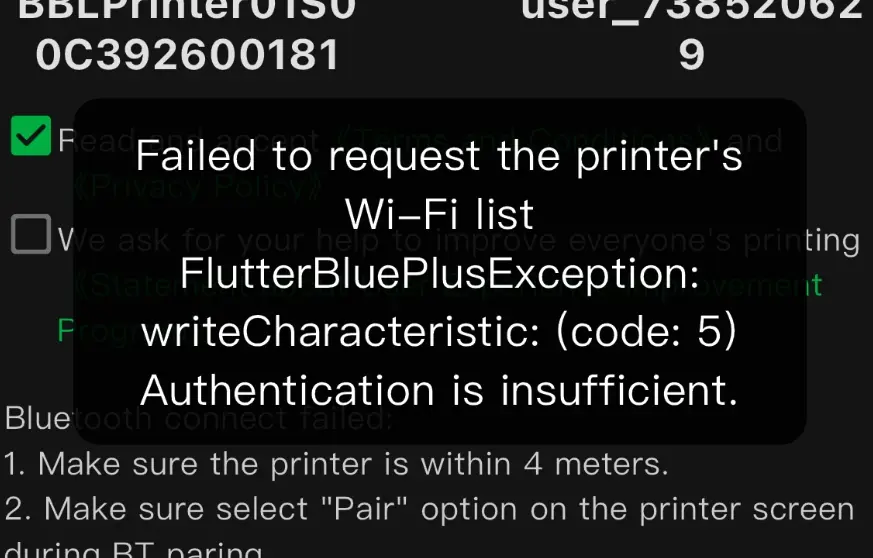 Besked i appen om mislykket hentning af printerens WiFi-liste