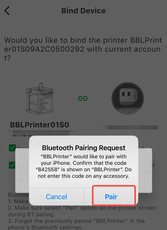Bekræft Bluetooth-parring med printeren på iOS