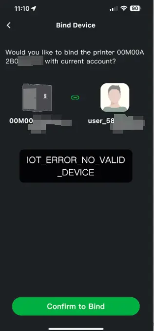 Fejlbeskeden IOT_ERROR_NO_VALID_DEVICE på printeren
