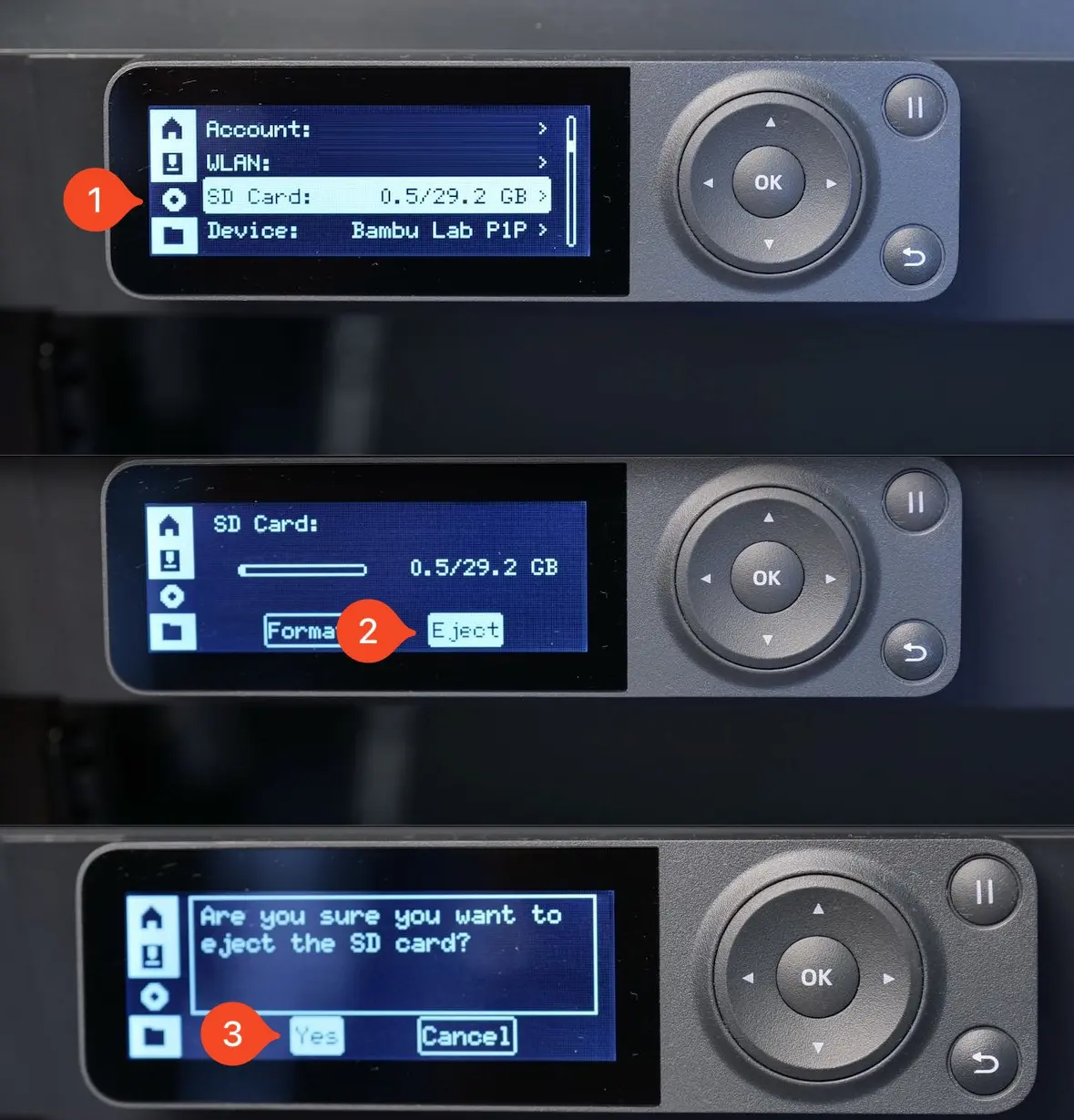 P1-skaerm med menuen SD Card og funktionen Eject til sikker udskubning af kortet