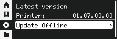 Printerens skaerm med menuvalget Update Offline under Firmware-indstillingerne