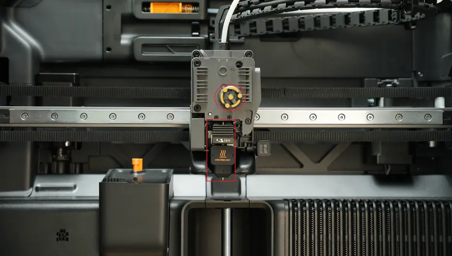 Toolhead uden hotend og rotationshjul før afmontering af filamentsensor