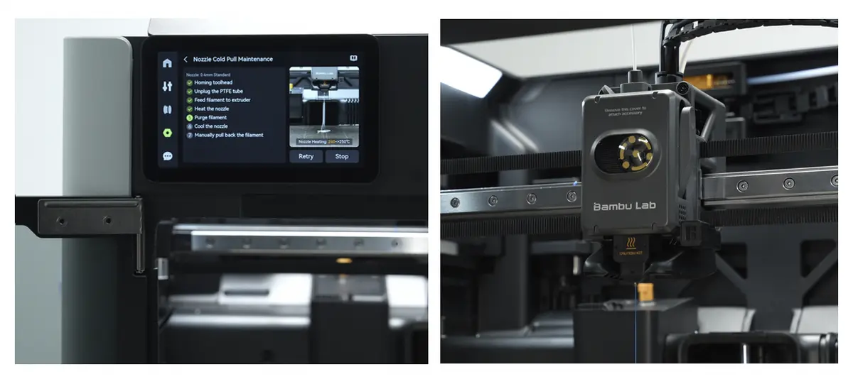 Automatisk skylning af gammelt materiale ud af nozzlen