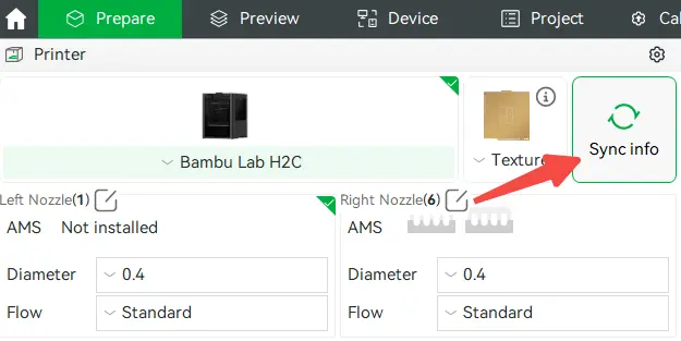 Bambu Studio Sync info-skærm med synkronisering af H2C-printeroplysninger