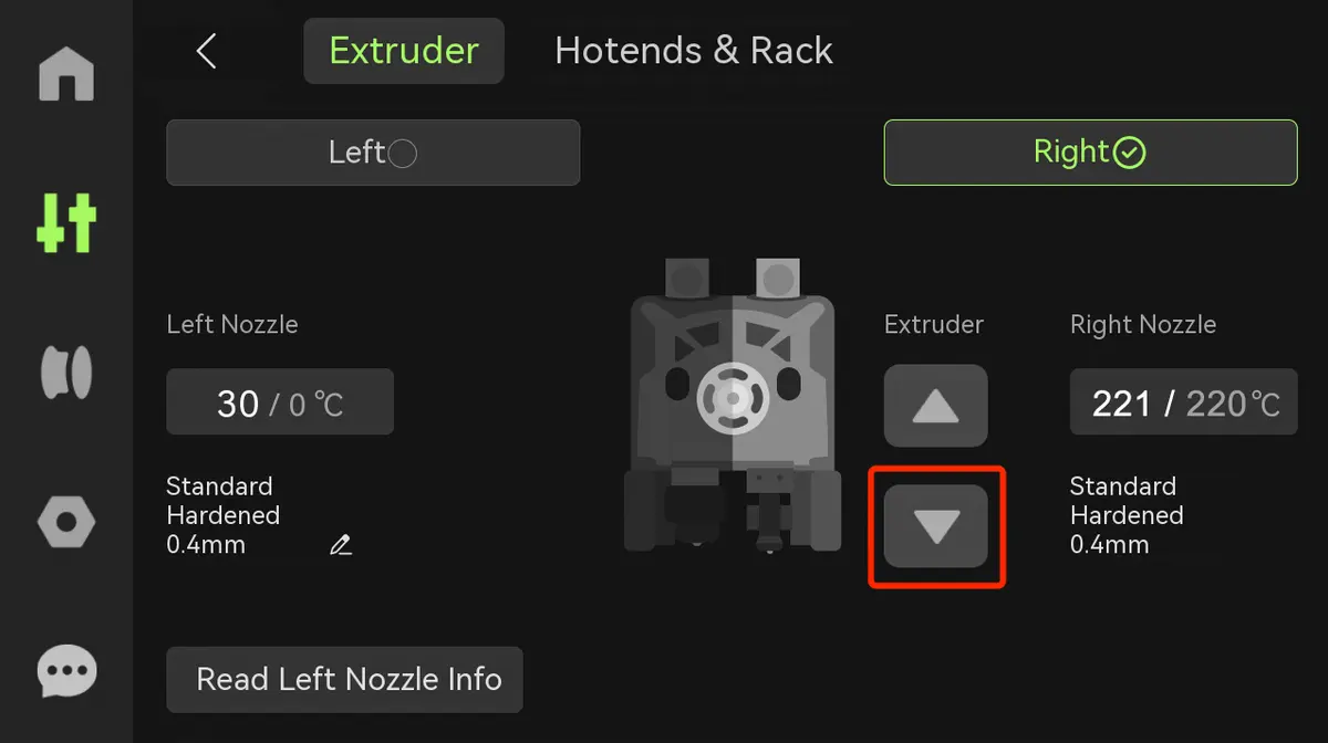 Manuelt udtræk fra den højre dyse via Extrude-knappen på skærmen