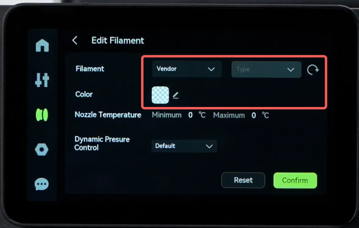Skærmen til indstilling af filamenttype og temperatur