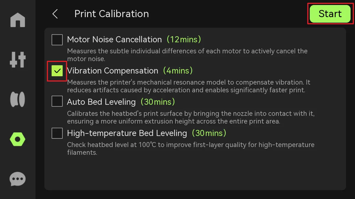 Skærmmenu med Vibrationskompensation valgt under printkalibrering på X2D