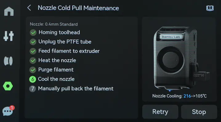 Venstre dyse renses automatisk under cold pull på X2D
