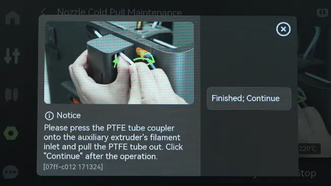 PTFE-slangen frakobles bag på X2D-printeren