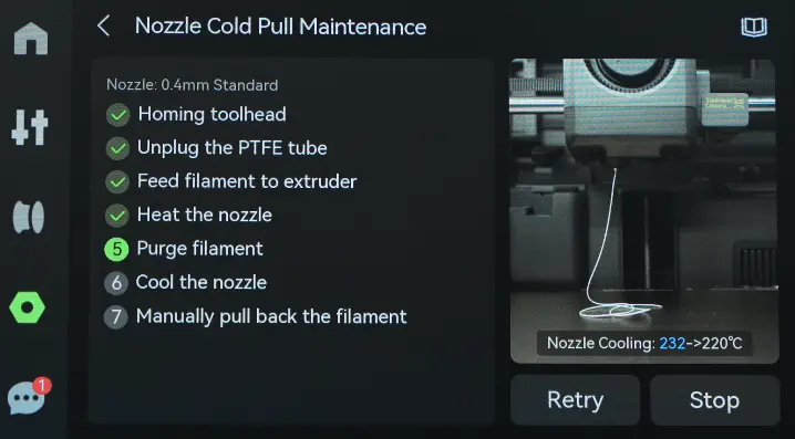 Cold pull-programmet kører automatisk på venstre hotend