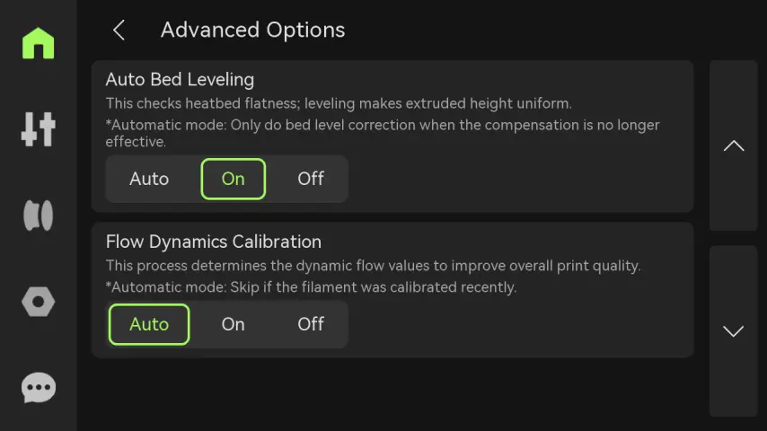 Advanced Options paa touchskaermen med Auto Bed Leveling