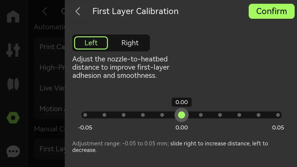 Finjustering af foerste lags mellemrum i First Layer Quality Calibration
