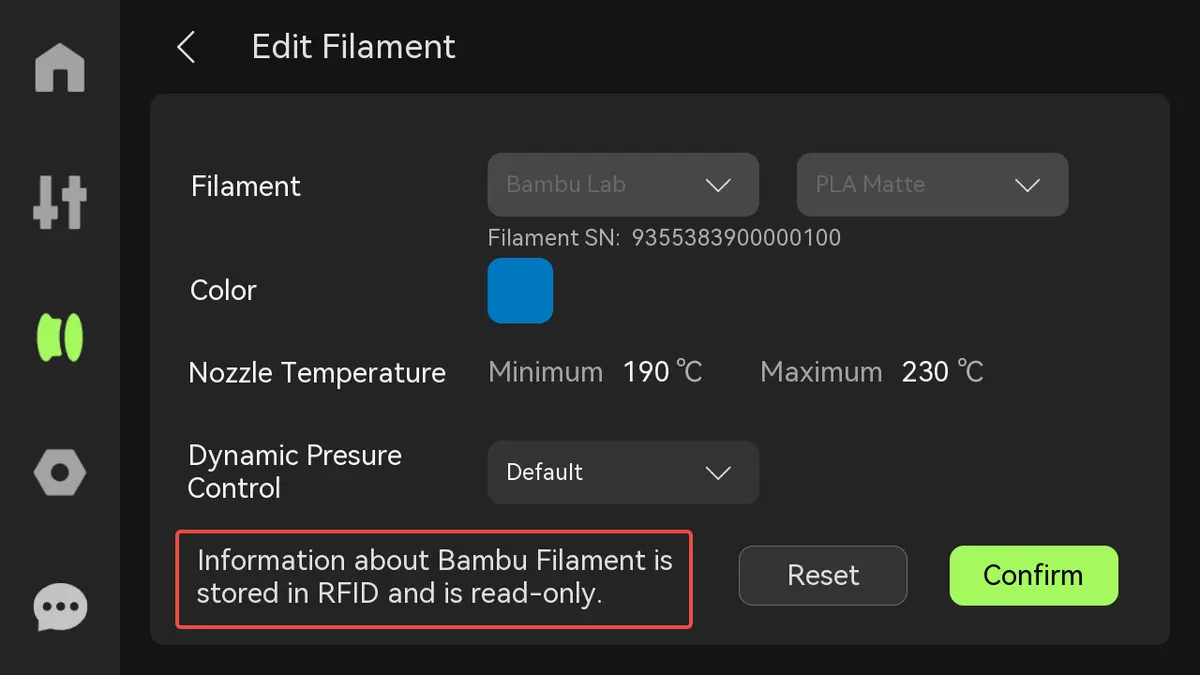 Filamentoplysninger når RFID er aflæst