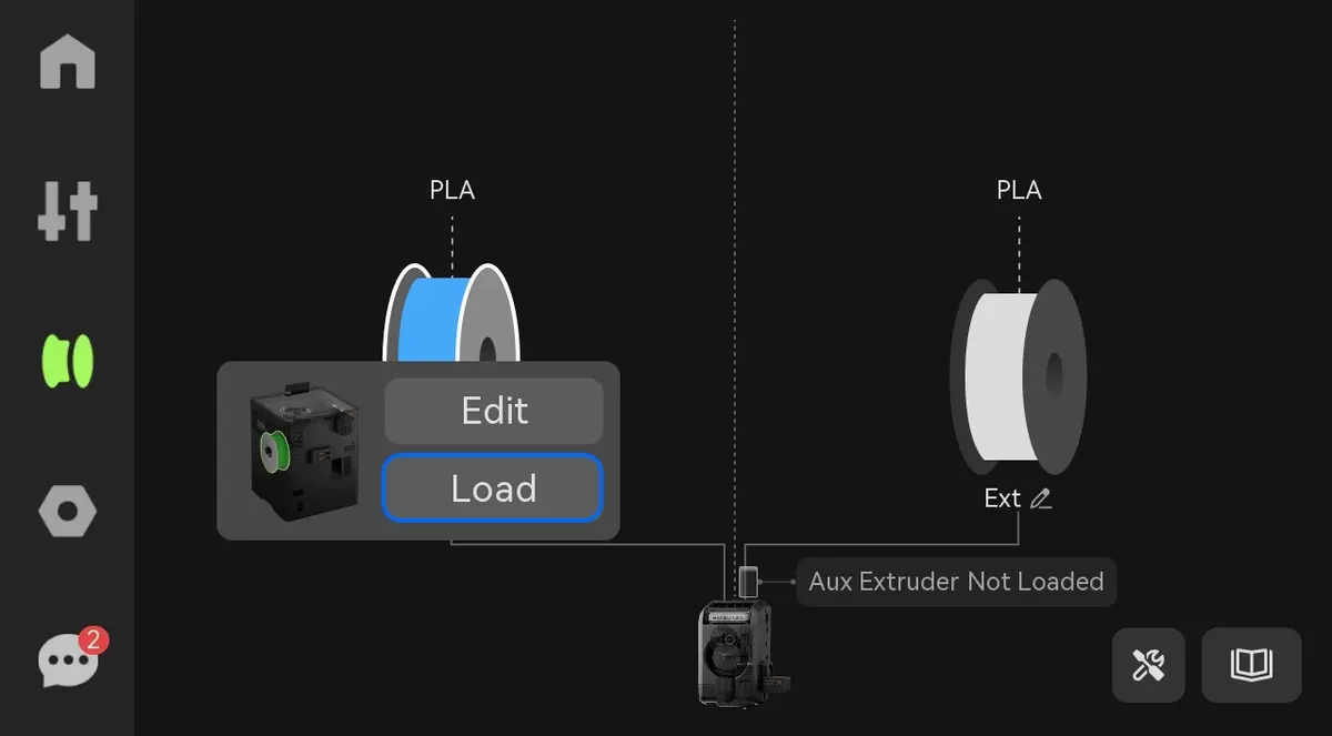Load-knappen på X2D-skærmen for at fremføre filament