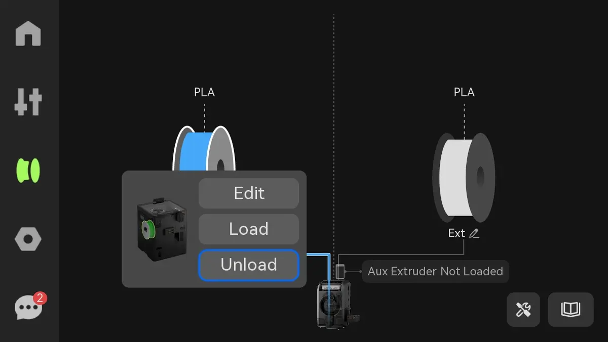 Unload-knappen på X2D-skærmen for at tage filament ud